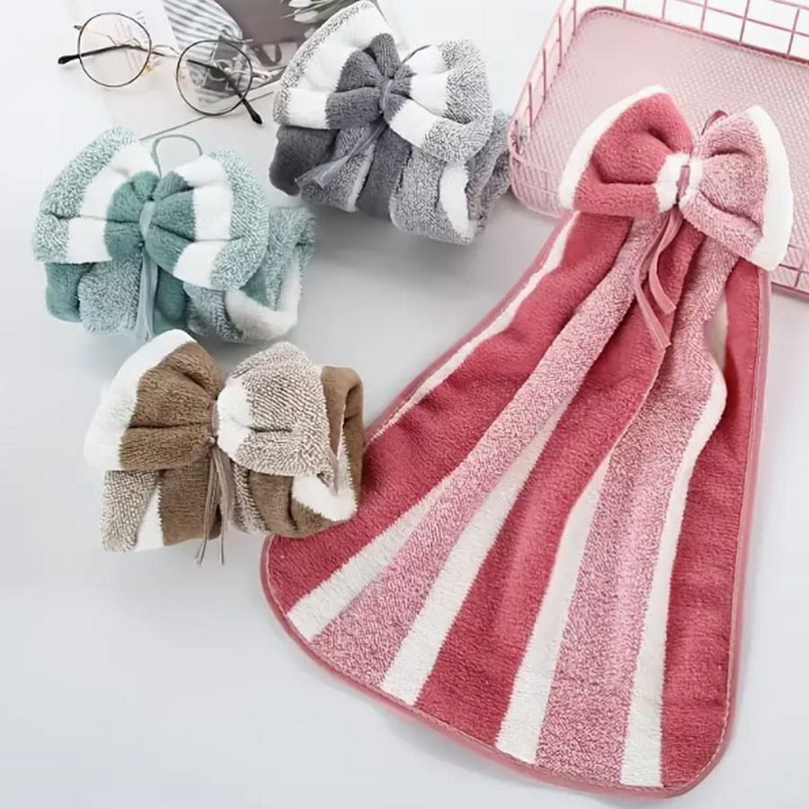 Shiloh Striped Green Bow Topper Hanging Microfiber Fingertip Towel Gift Packaged