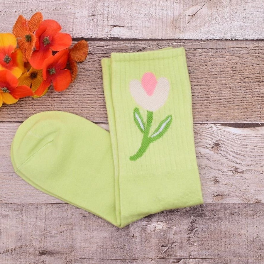 Minimal Garden Womens Flower Socks Pink on Green Gift Packaged