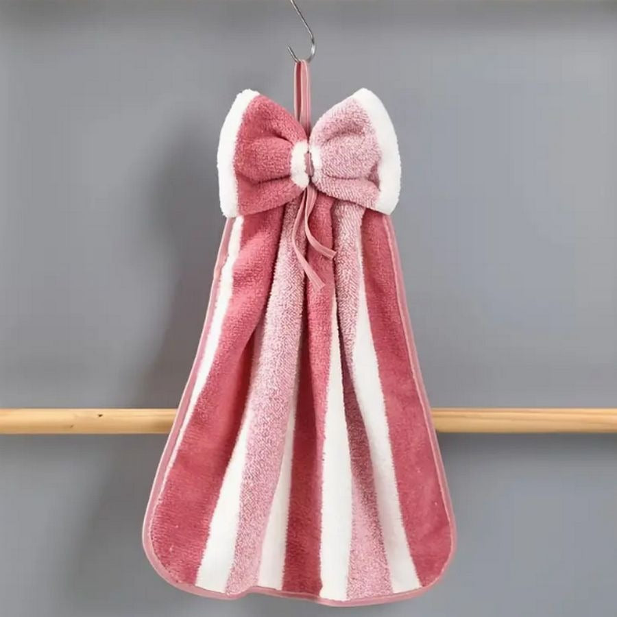 Shiloh Striped Pink Bow Topper Hanging Microfiber Fingertip Towel Gift Packaged