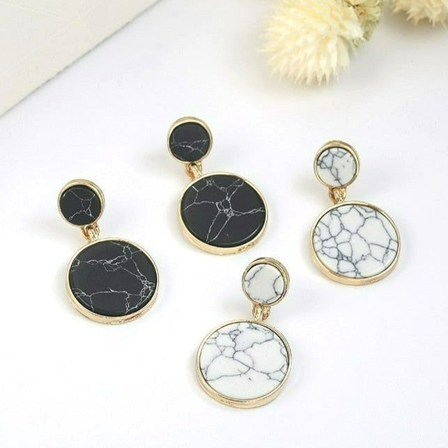 Aidan Esher Black Marbled Flat Circle Dangle Earrings Gift Packaged
