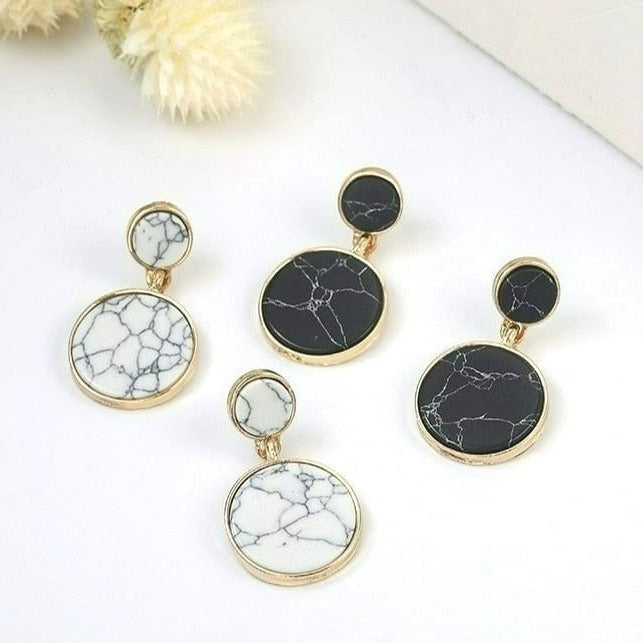 Aidan Esher Black Marbled Flat Circle Dangle Earrings Gift Packaged