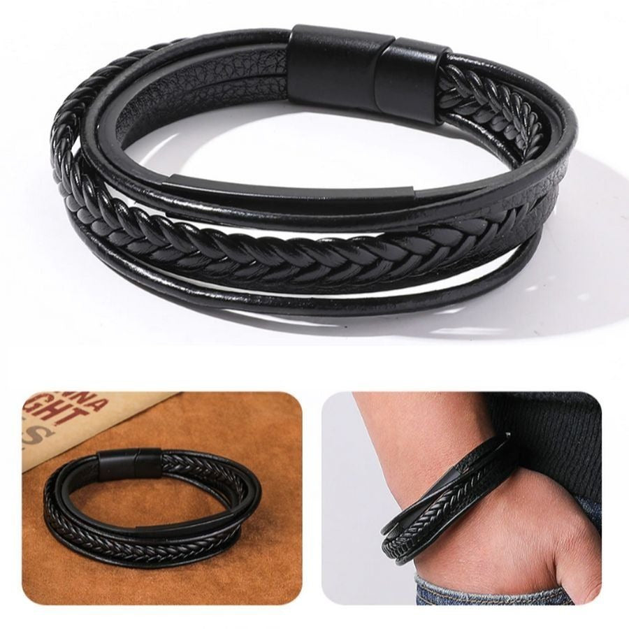 Vault Ableman Mens Five Layer Metal Accent Leather Clasp Bracelet Black Gift Packaged
