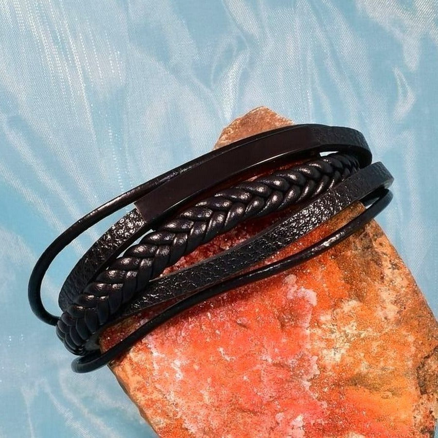 Vault Ableman Mens Five Layer Metal Accent Leather Clasp Bracelet Black Gift Packaged
