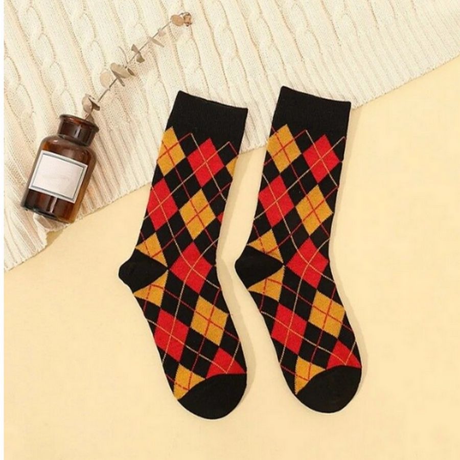 Shelby Argyle Pattern Socks Black with Orange and Red Gift Packaged