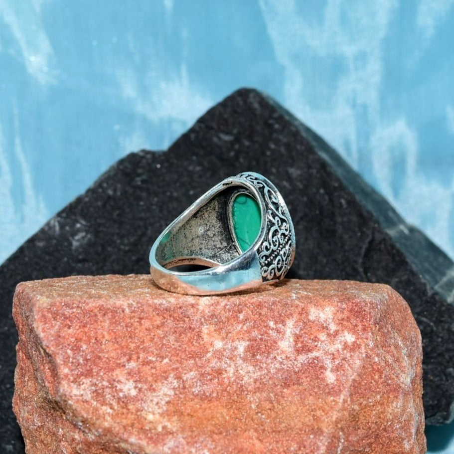 Azi Scroll Mens Etched Silver Ring Green Turquoise Simulate Size 8.5 Gift Boxed