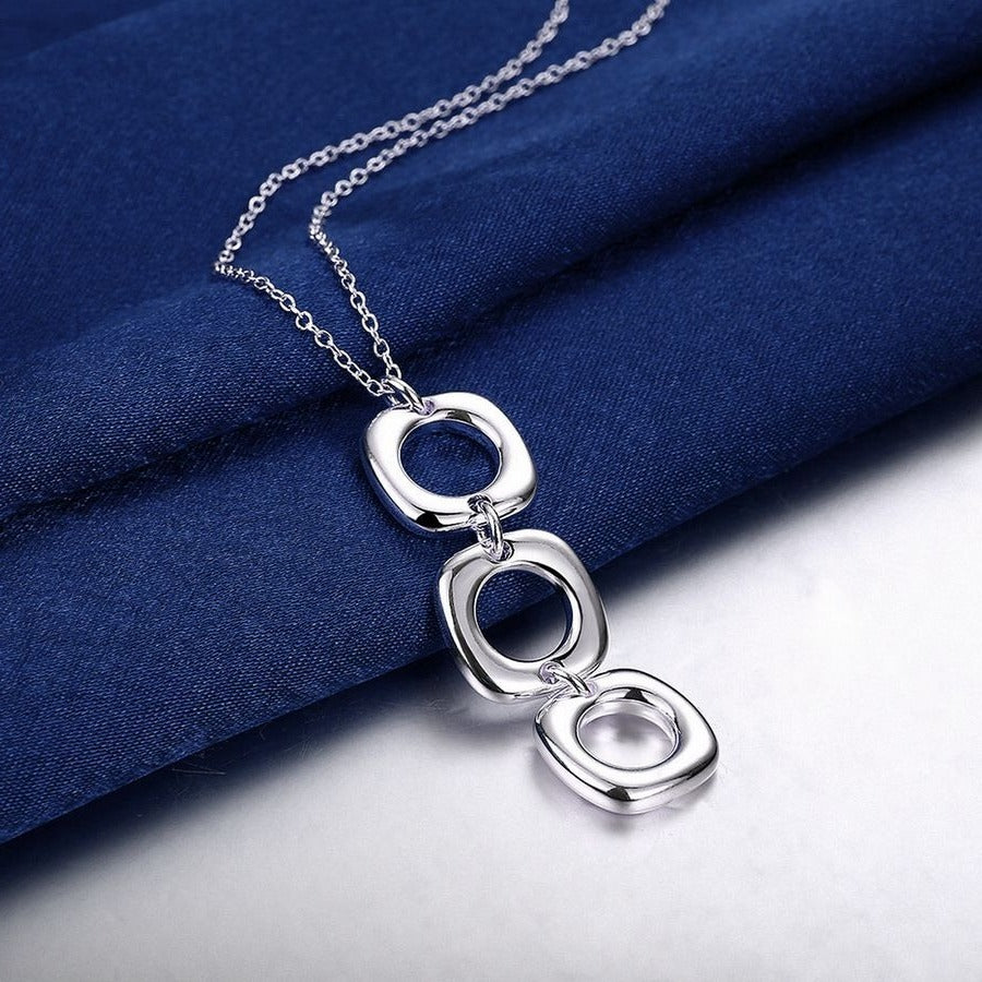 Leanna Geo Retro Open Square Trio Drop Sterling Silver Necklace Gift Boxed