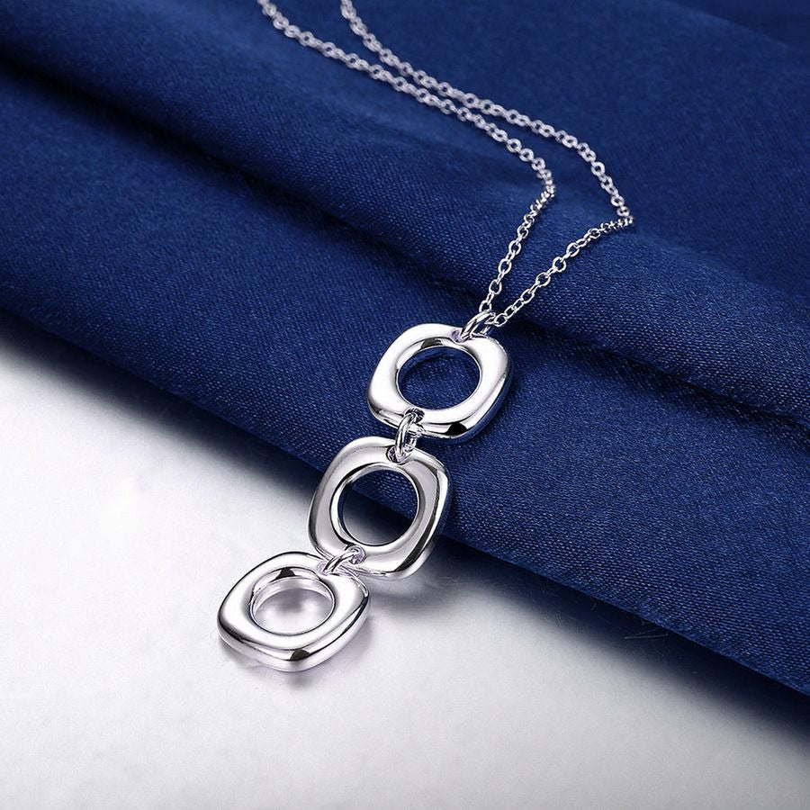 Leanna Geo Retro Open Square Trio Drop Sterling Silver Necklace Gift Boxed