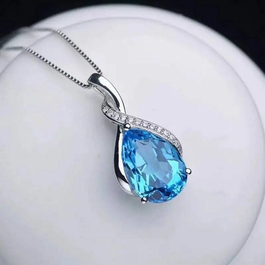 Brianna Teardrop Blue Topaz 925 Sterling Silver Pendant Necklace Gift Boxed