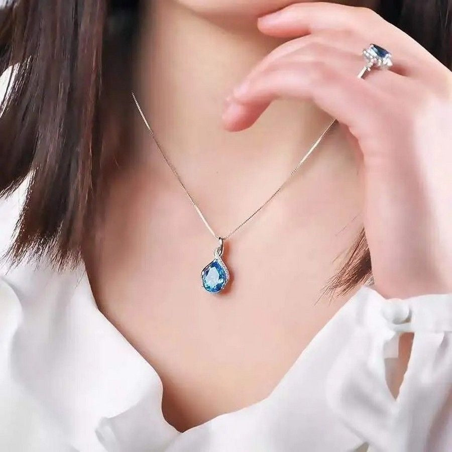 Brianna Teardrop Blue Topaz 925 Sterling Silver Pendant Necklace Gift Boxed