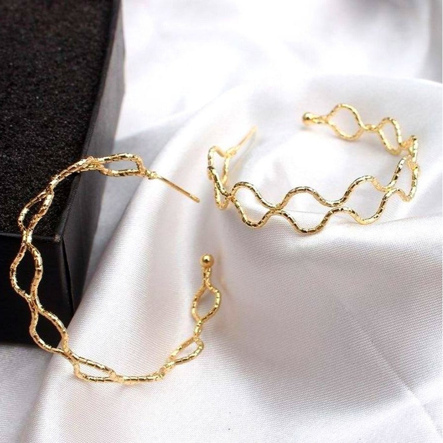 Vanessa Abstract Double Wave Artistic Hoop Earrings in Gold Gift Packaged