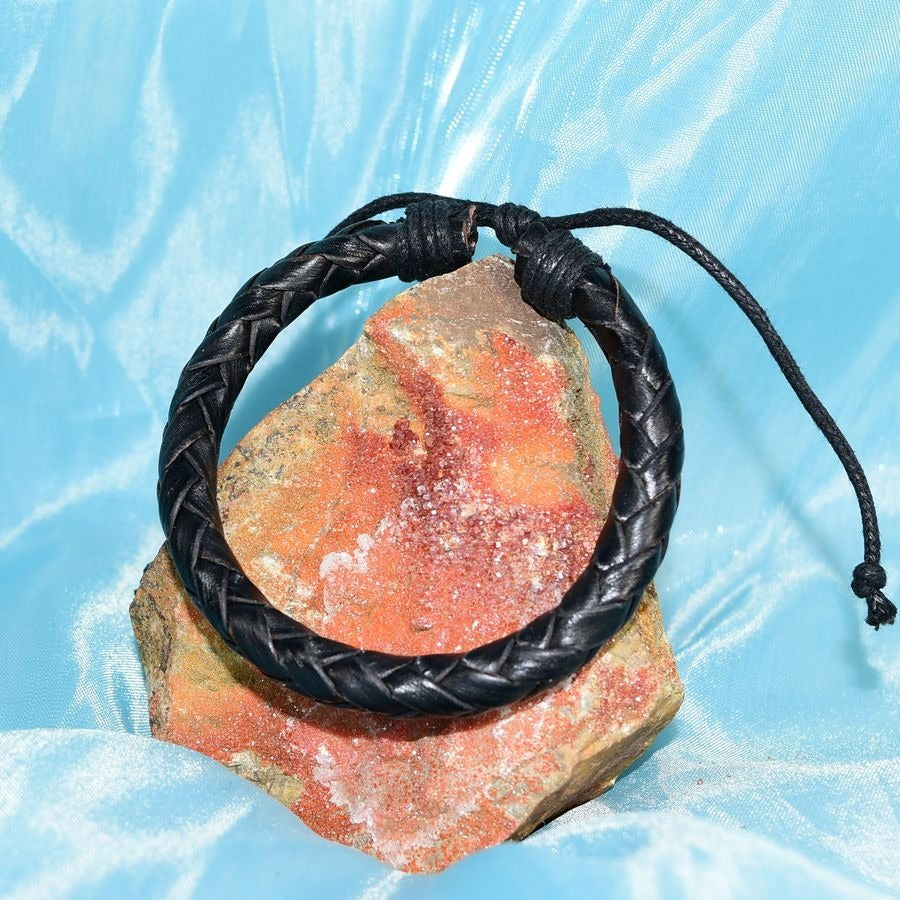Jonah Lee Mens Leather Rope Herringbone Braided Bracelet Black