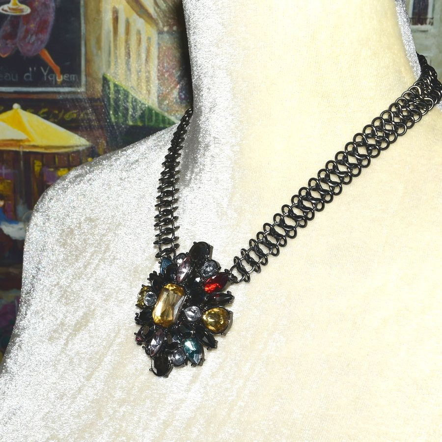 Ornate Jeweled Pendant Heavy Dark Silver Infinity Link Chain Caroline C. Estate