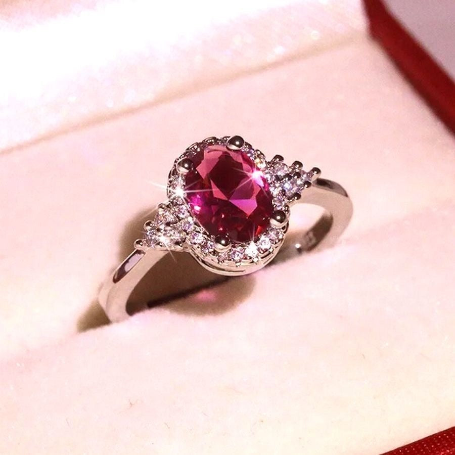 Valentinia Womens Oval Faceted Pink Gemstone Silver Ring Size 6 Gift Boxed