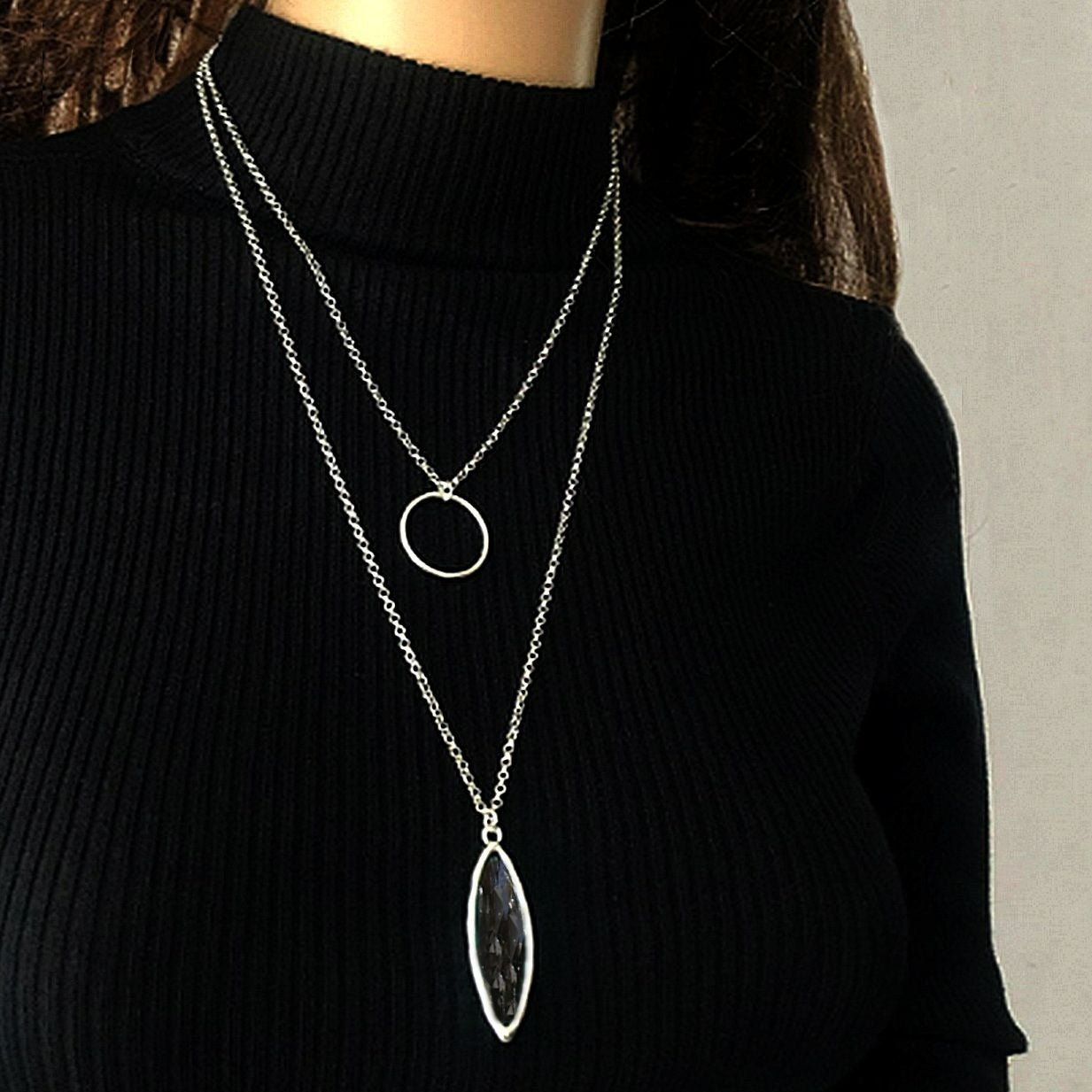 Marlowe Ellipse Circle Layered Smokey Gray Crystal Necklace Gift Packaged