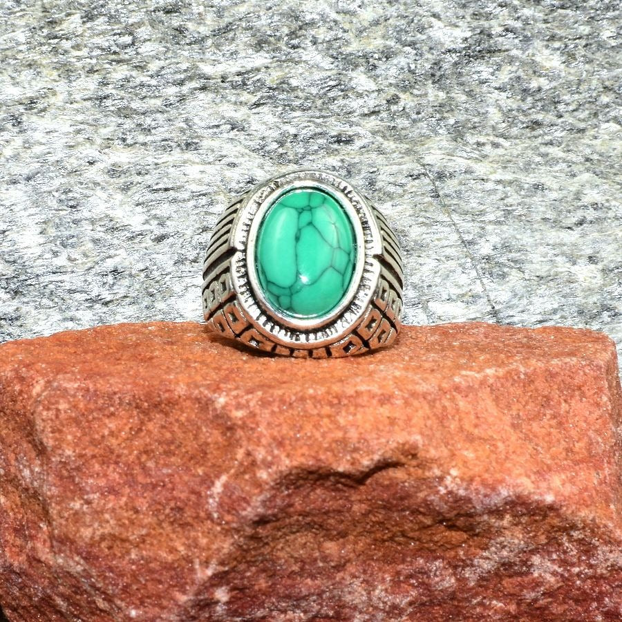 Koda Liam Mens Etched Silver Ring Green Turquoise Simulate