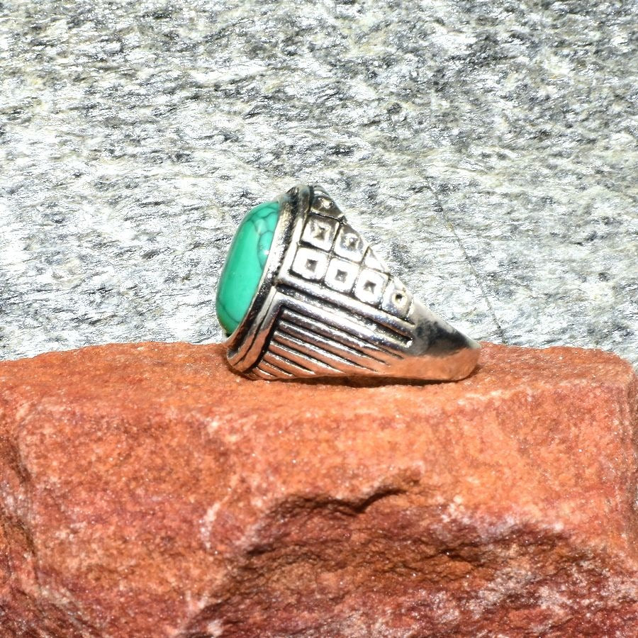 Koda Liam Mens Etched Silver Ring Green Turquoise Simulate