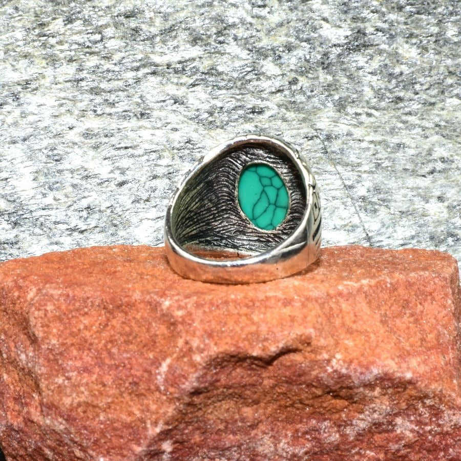 Koda Liam Mens Etched Silver Ring Green Turquoise Simulate