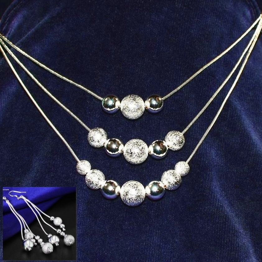 Giavanna Strands 3-Layer Sterling Silver Bead Necklace and Dangle Earrings Gift Set