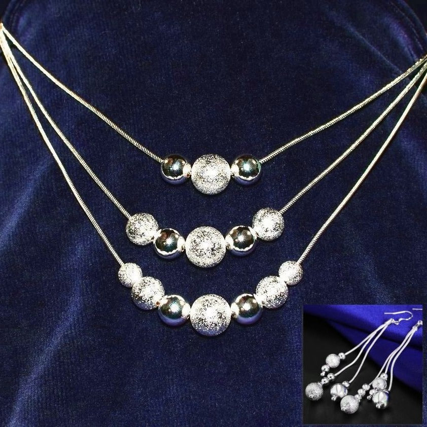 Giavanna Strands 3-Layer Sterling Silver Bead Necklace and Dangle Earrings Gift Set
