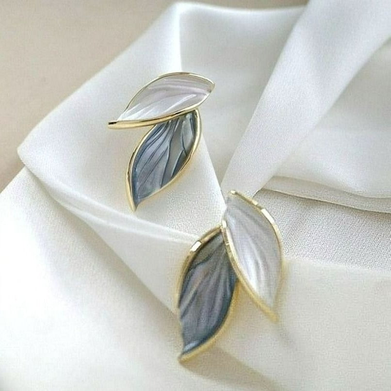 Natalie Elyse Leaf Earrings in Soft Blue and Creamy White on Gold Gift Packaged