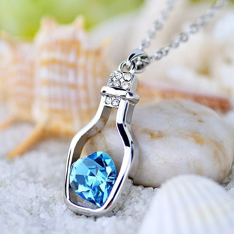Callie Heart Message Bottle Charm Pendant Necklace Blue Gift Packaged