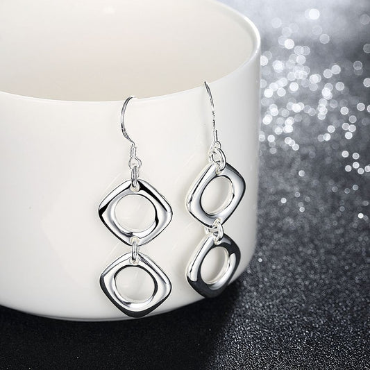 Leanna Geo Retro Open Square Double Drop 925 Sterling Silver Earrings Gift Boxed