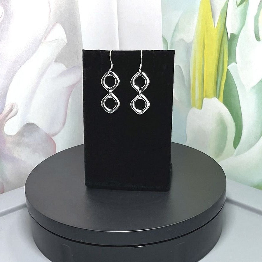 Leanna Geo Retro Open Square Double Drop 925 Sterling Silver Earrings Gift Boxed