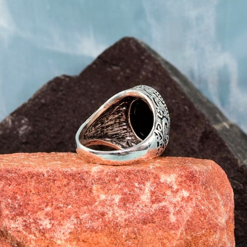 Logan Pineapple Mens Etched Silver Ring Black Onyx Simulate