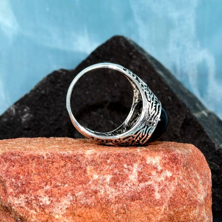 Logan Pineapple Mens Etched Silver Ring Black Onyx Simulate