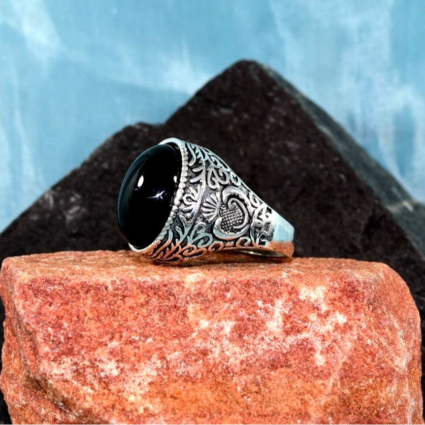 Logan Pineapple Mens Etched Silver Ring Black Onyx Simulate