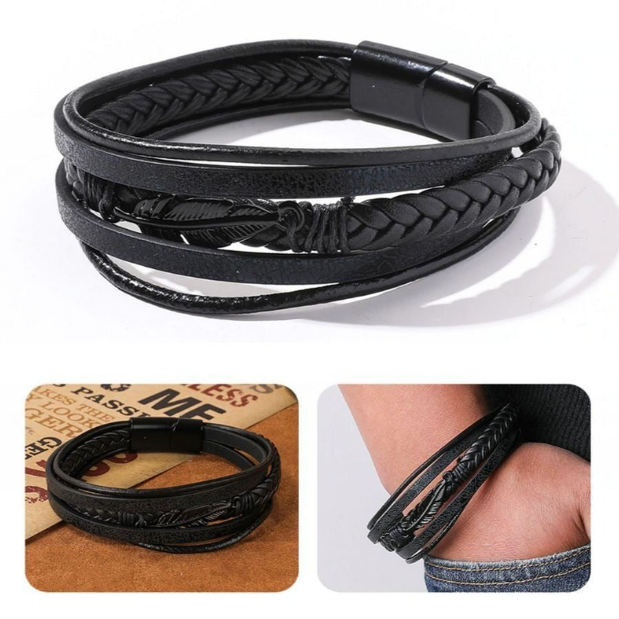 Vault Winston Mens 5 Layer Metal Feather Clasp Leather Bracelet Black Gift Packaged