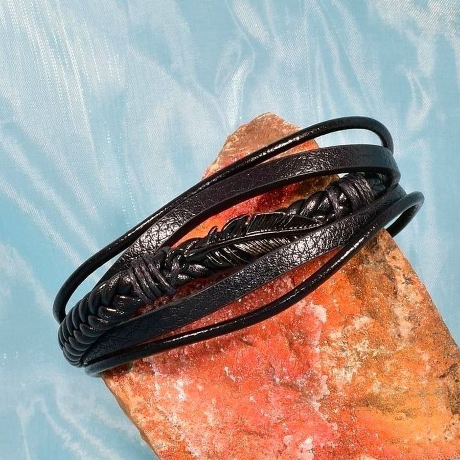 Vault Winston Mens 5 Layer Metal Feather Clasp Leather Bracelet Black Gift Packaged