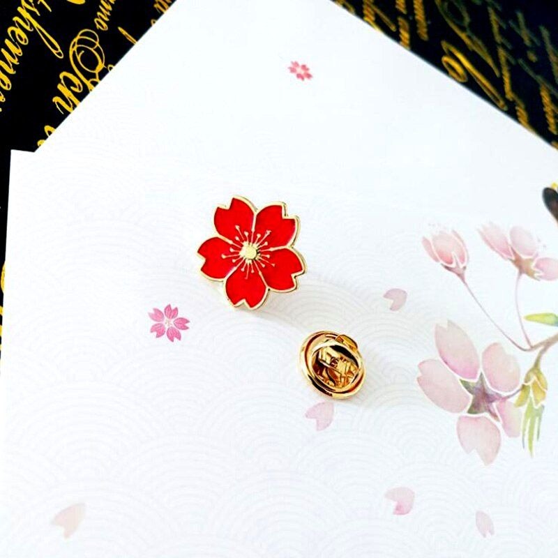 Kallie Juliet Cherry Blossom Flower Mini Brooch Pin Red and Gold Gift Packaged