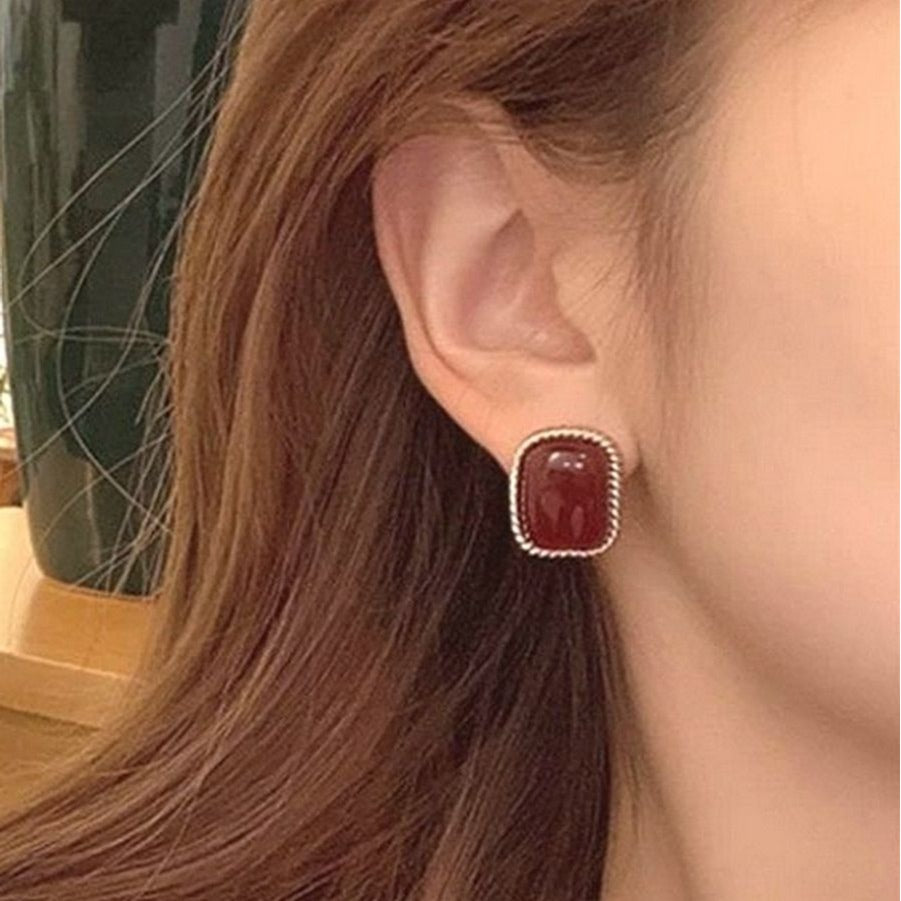 Elisa Carnelian Square Gold Edged Frame Sim Red Onyx Earrings Gift Packaged