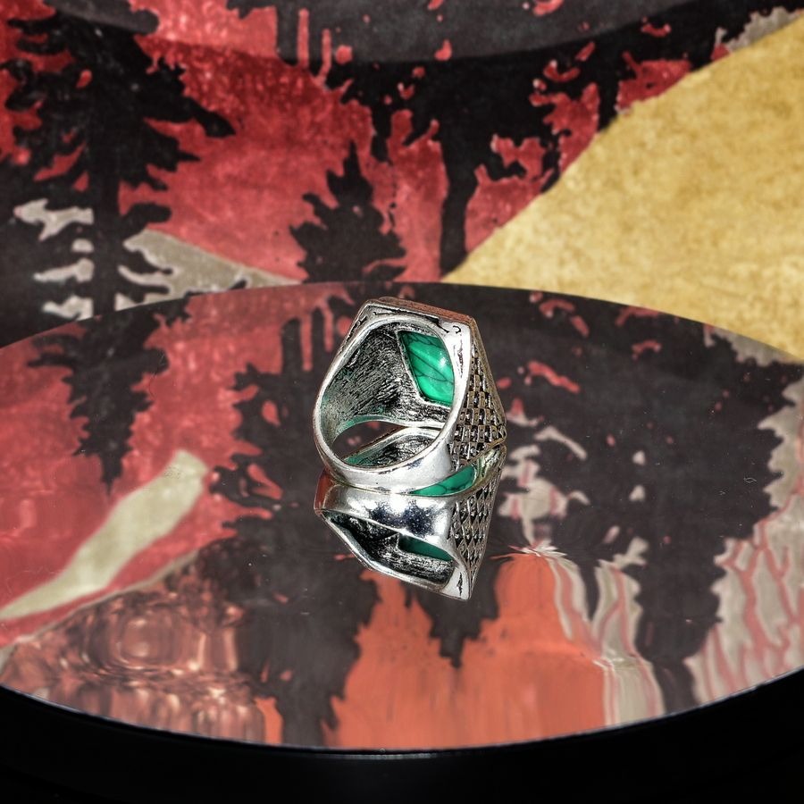 Antice Geo Mens Green Turquoise Etched Silver Ring Size 8