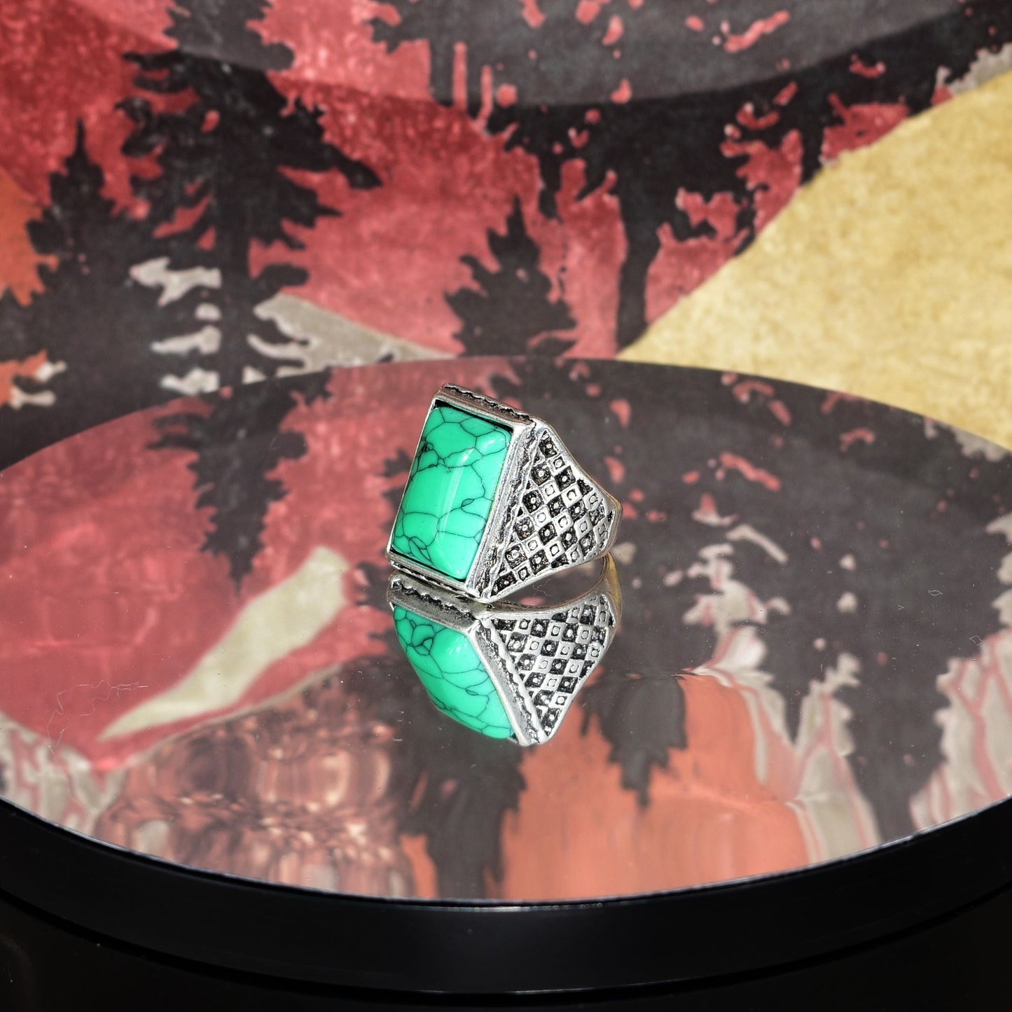 Antice Geo Mens Green Turquoise Etched Silver Ring Size 8