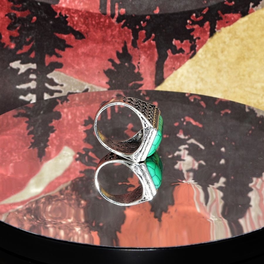 Antice Geo Mens Green Turquoise Etched Silver Ring Size 8