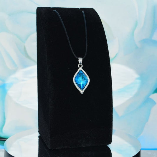 Lexie Topaz Blue Rhombus Crystal Charm Pendant Leather Necklace Gift Boxed
