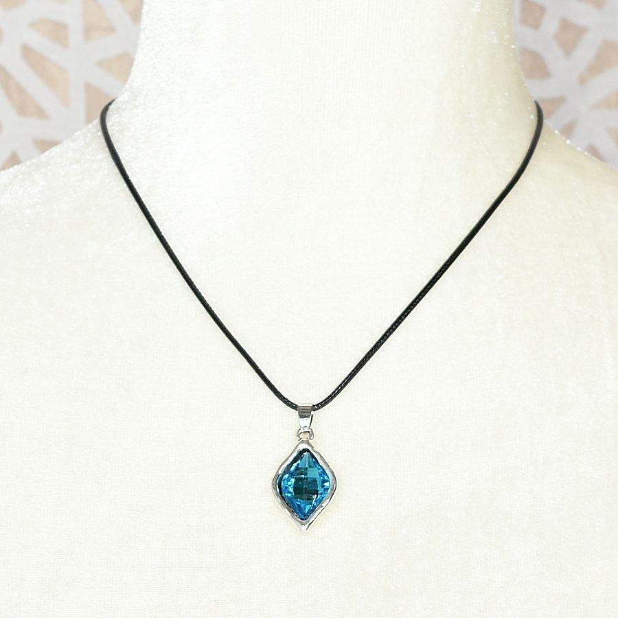 Lexie Topaz Blue Rhombus Crystal Charm Pendant Leather Necklace Gift Boxed