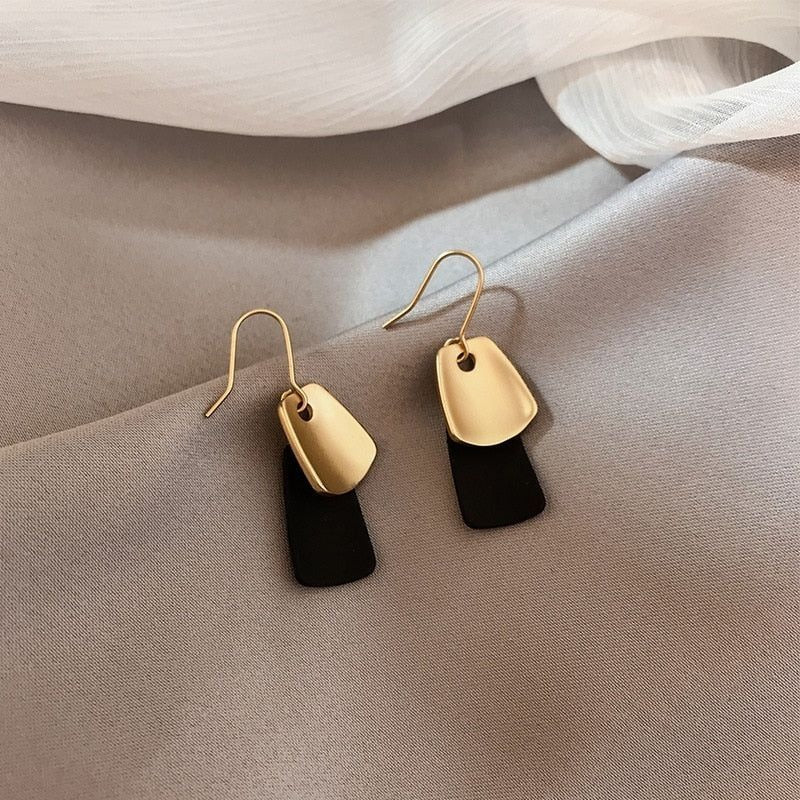 Emmie Jaise Double Layer Petal Dangle Hook Earrings Black Gold Gift Packaged