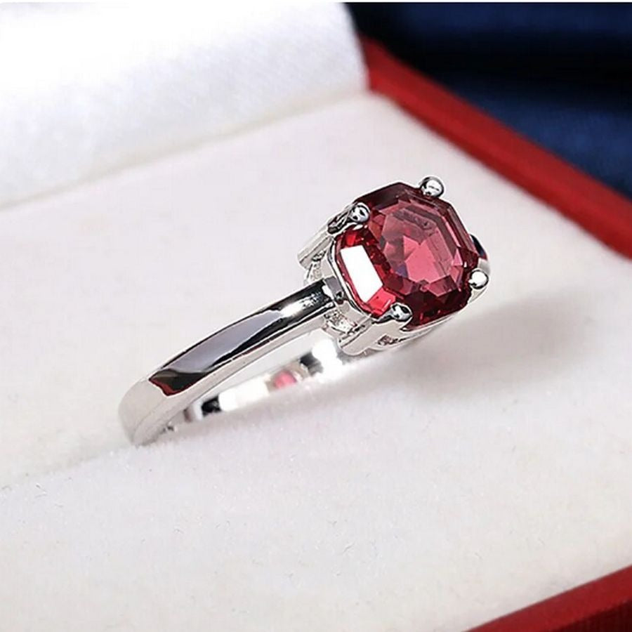 Cecilia Rose Womens Red Octagon Crystal Silver Ring Size 8 Gift Boxed