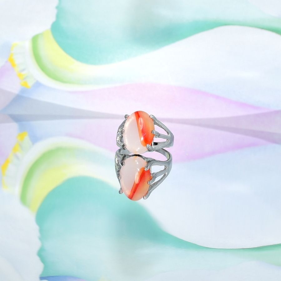 Cyleste Celine Oval Apricot Orange Agate Silver Ring Size 6 Gift Boxed