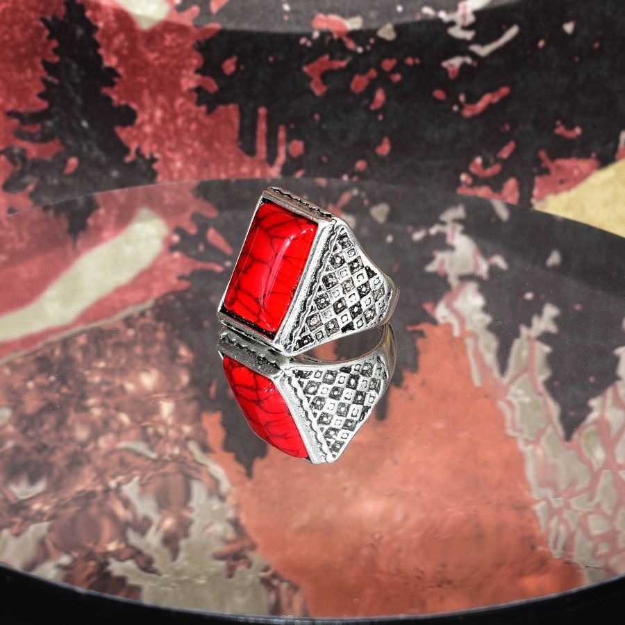 Antice Geo Mens Red Turquoise Etched Silver Ring Size 9