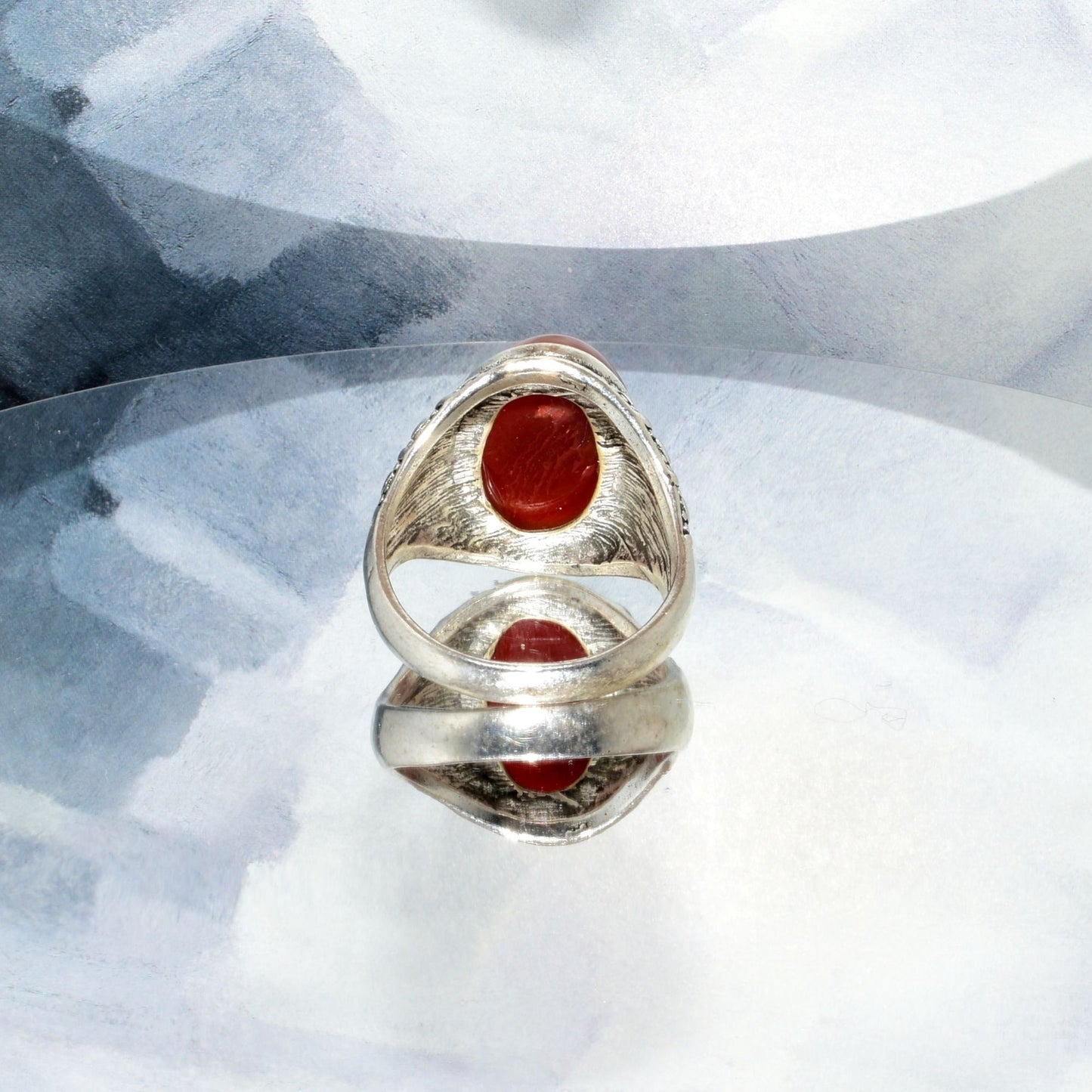 Iker Paragon Mens Etched Silver Ring Sienna Red Moonstone Simulate