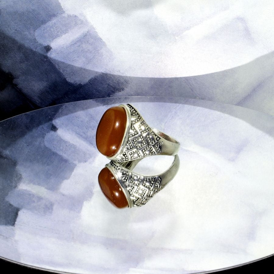 Iker Paragon Mens Etched Silver Ring Sienna Red Moonstone Simulate