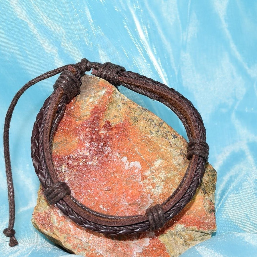 Michael Diego Braid Layered Sliding Tie Leather Bracelet Brown Mens Gift Packaged