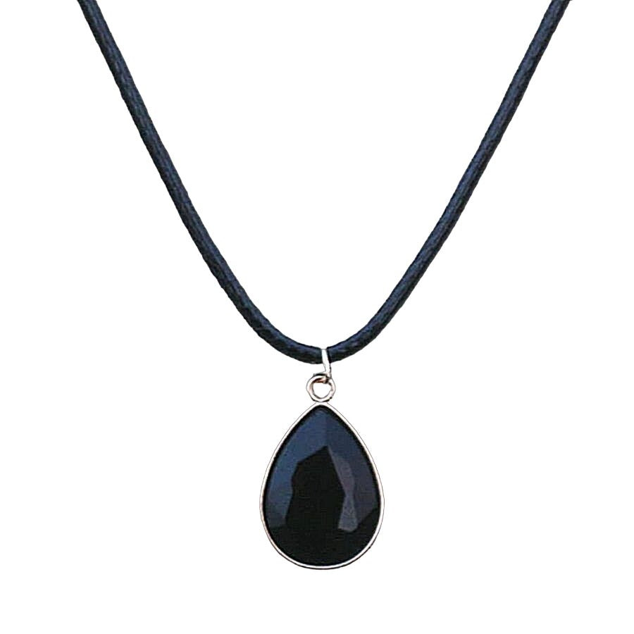 Cara Crystal Black Water Drop Pendant Braid Leather Chain Necklace