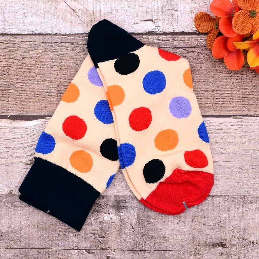 Miley Splash Womens Polka Dot Socks Colorful Dots on Cream Black Heel Red Toe