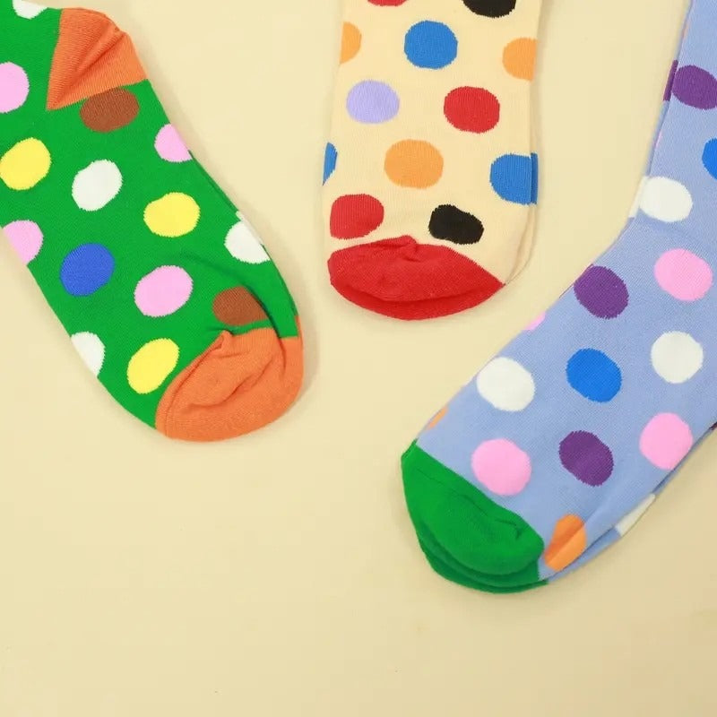 Miley Splash Womens Polka Dot Socks Colorful Dots on Cream Black Heel Red Toe