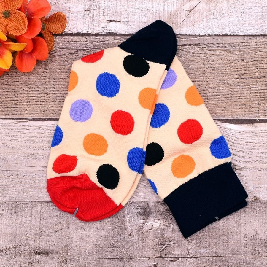 Miley Splash Womens Polka Dot Socks Colorful Dots on Cream Black Heel Red Toe